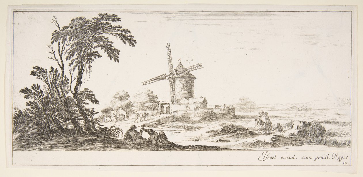 Plade 10: en familie i midten af forgrunden, forskellige figurer og heste i mellemgrunden, en..., ca. 1641. af Stefano della Bella