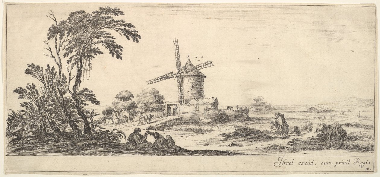Plade 10: en familie i midten af forgrunden, forskellige figurer og heste i mellemgrunden, en..., ca. 1641. af Stefano della Bella