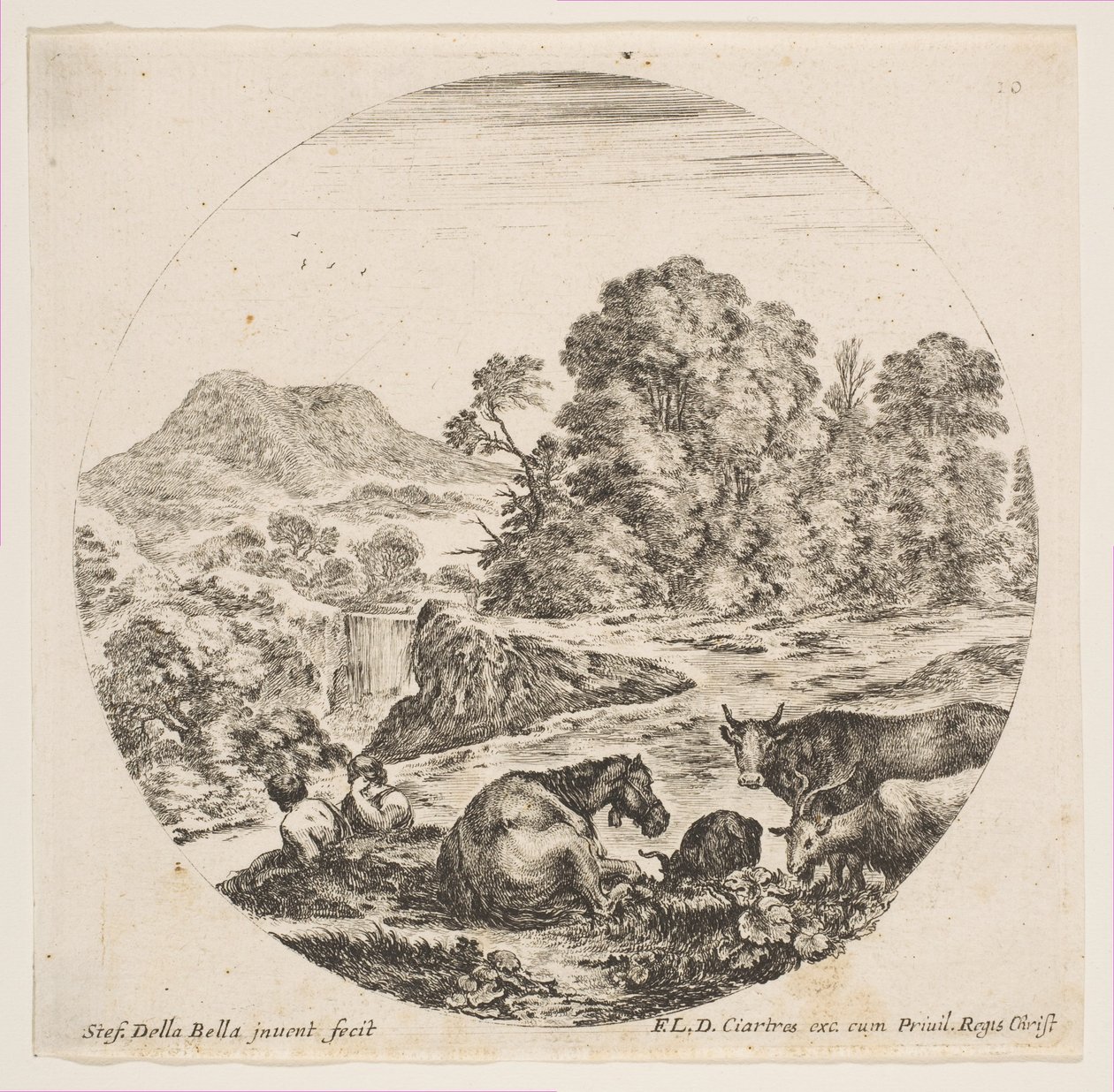 Plade 10: en hest liggende i midten, en ko og to geder til højre, to siddende fåre..., ca. 1646. af Stefano della Bella