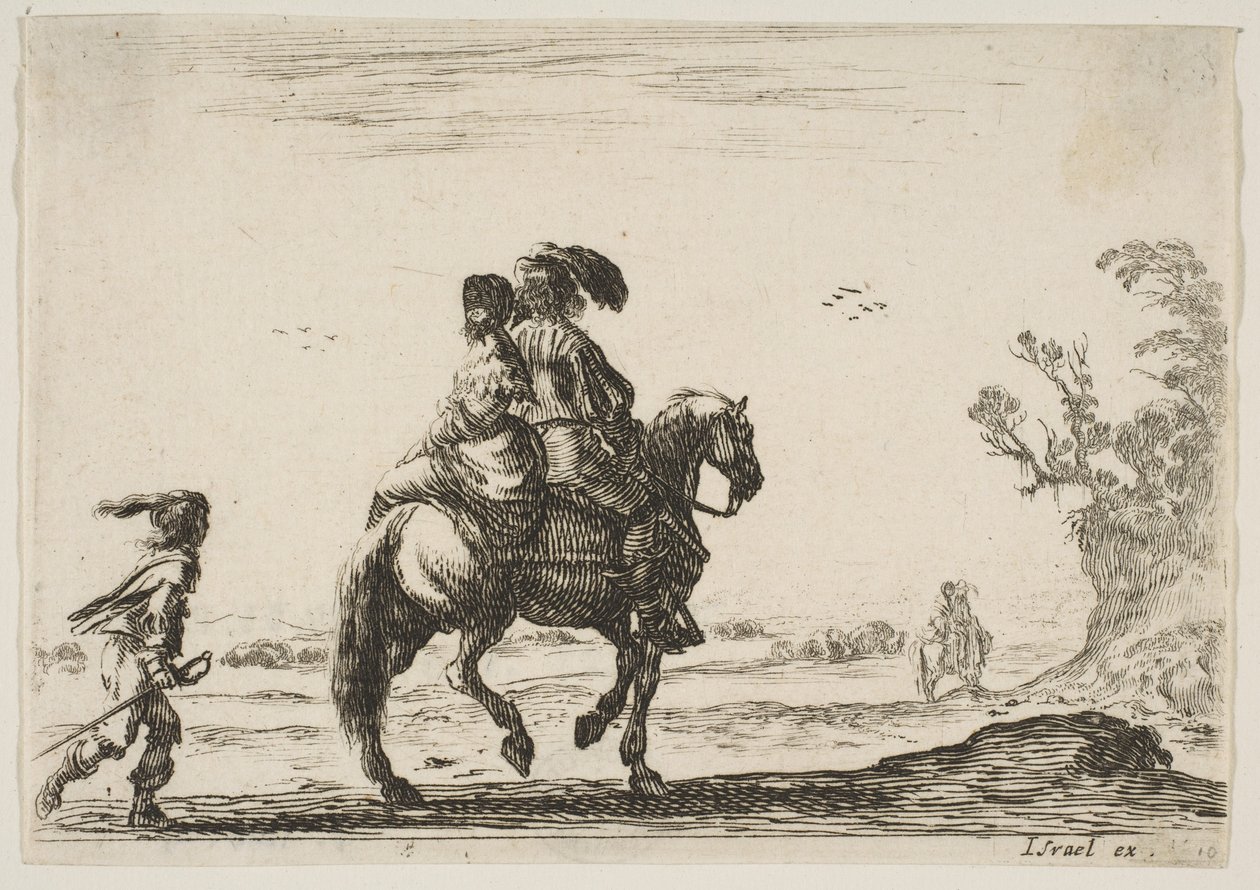 Tavle 10: en rytter og en kvinde, set bagfra, ridende mod højre med en ung ..., 1642. af Stefano della Bella