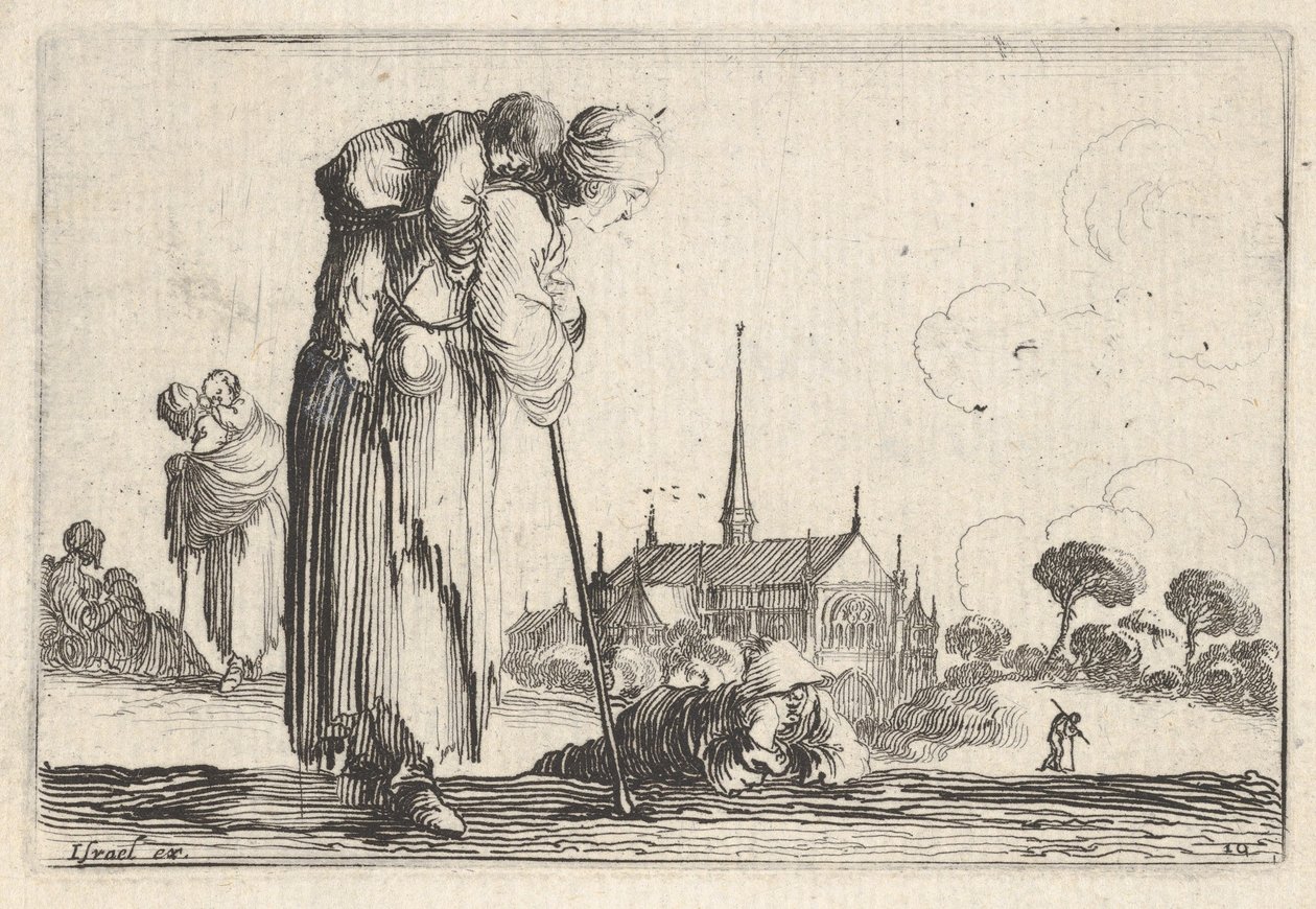 Tavle 10: en bondekone vendt mod højre med et barn på ryggen, en dreng lyi..., ca. 1642. af Stefano della Bella