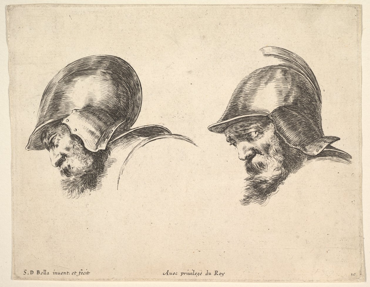 Plade 10: to hoveder af gamle soldater med hjelme, begge vendte mod venstre og nedad..., ca. 1641. af Stefano della Bella