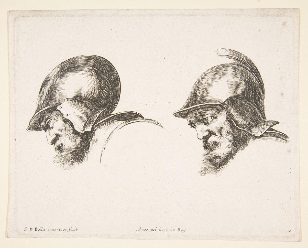 Plade 10: to hoveder af gamle soldater med hjelme, begge vendte mod venstre og nedad..., ca. 1641. af Stefano della Bella
