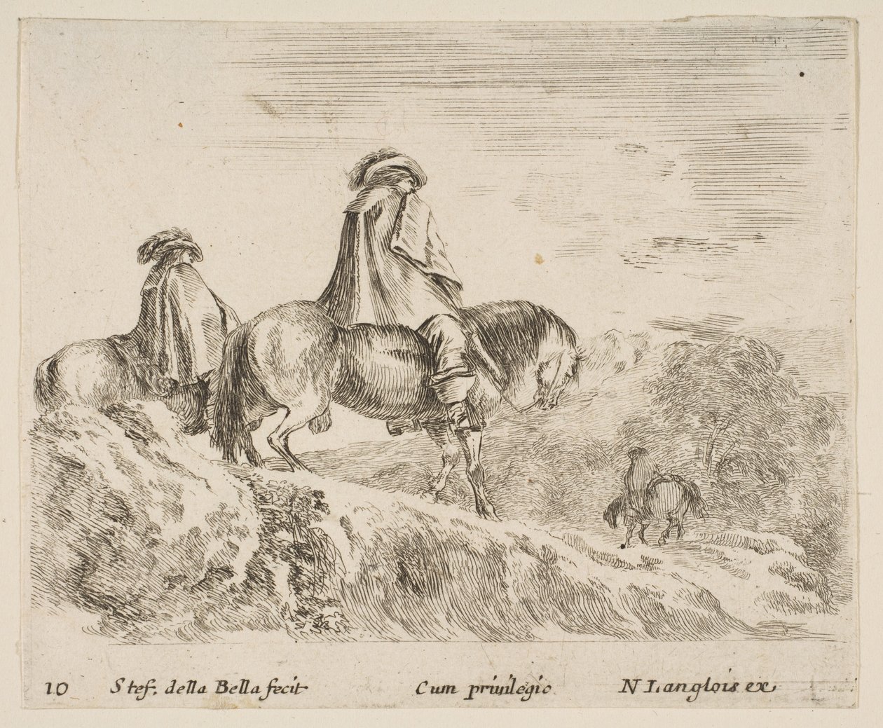 Plade 10: to ryttere, der går ned af et bjerg til venstre, en anden rytter til højre i ..., ca. 1644-47. af Stefano della Bella