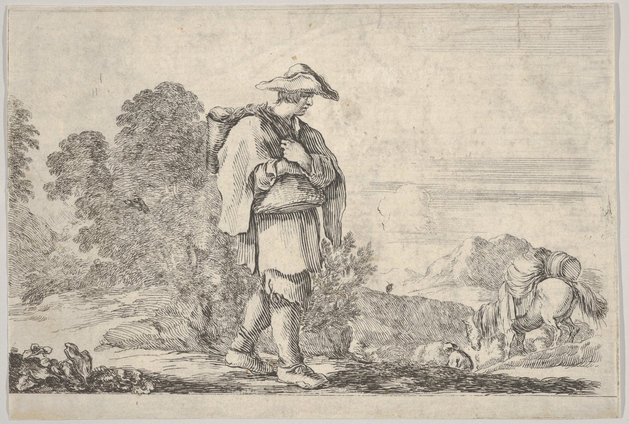 Plade 11: en bonde iført hat i midten, gående mod højre, en hest ned..., ca. 1641. af Stefano della Bella