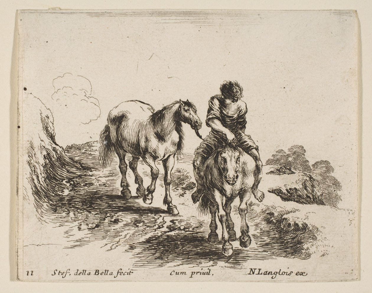 Tavle 11: en ung rytter, set forfra, der fører en anden hest, fra Diver..., ca. 1644-47. af Stefano della Bella