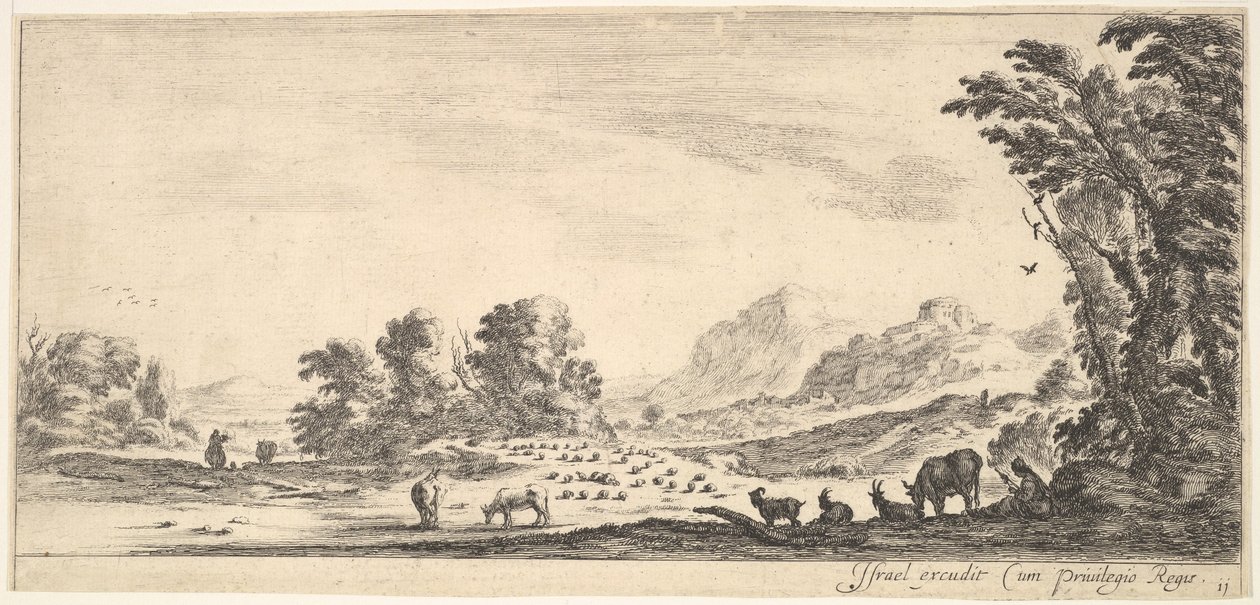 Plade 11: hyrdinde, der sidder til højre under et træ og ser sin flok til venstre..., ca. 1641. af Stefano della Bella