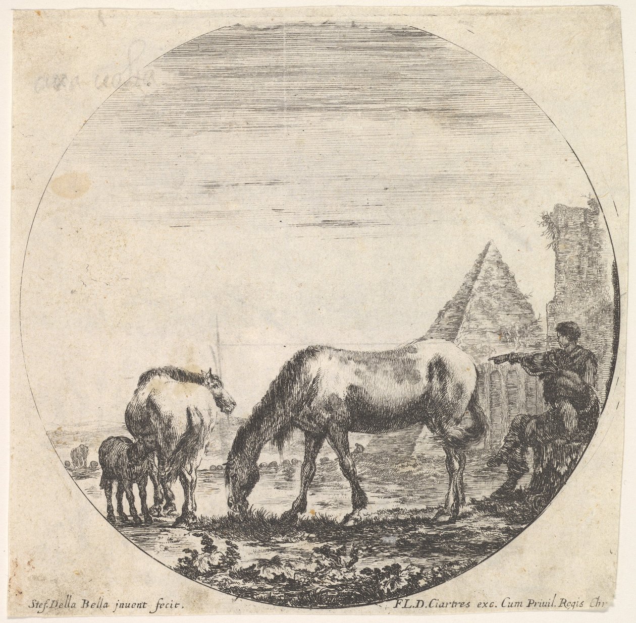 Plade 11: Caius Cestius pyramide til højre i baggrunden, en hest, der græsser ..., ca. 1643-48. af Stefano della Bella