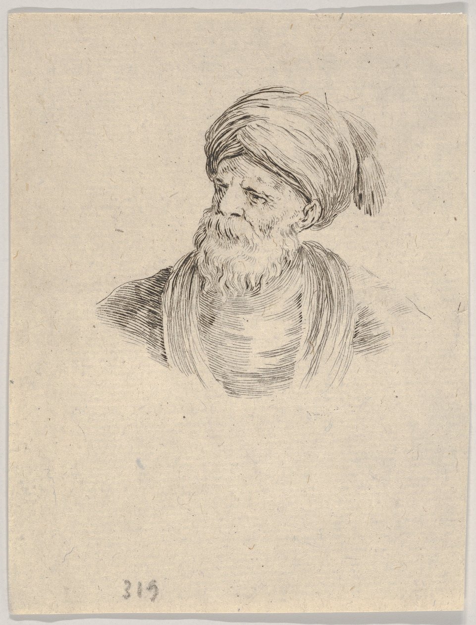 Tavle 12: Buste af en gammel tyrkisk mand med turban, der ser mod venstre, fra «Forskellige hoveder og figurer» af Stefano della Bella