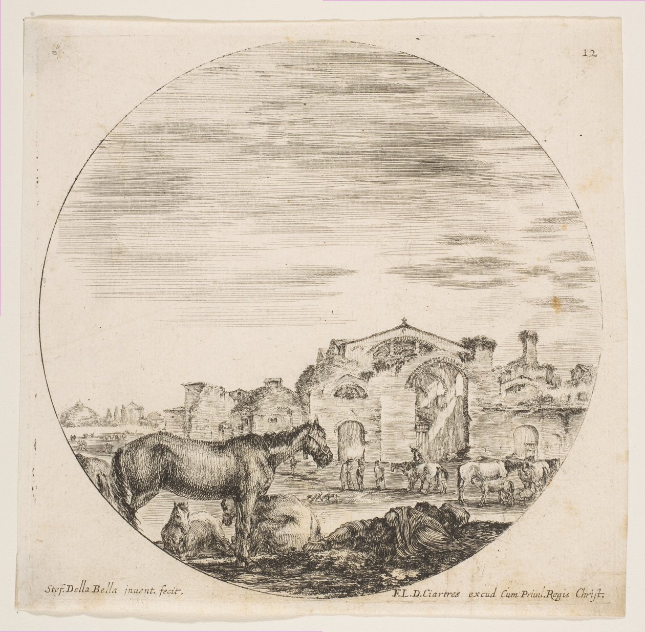 Plade 12: en hyrde sover på jorden til højre, tre heste til venstre, andre heste..., ca. 1646. af Stefano della Bella
