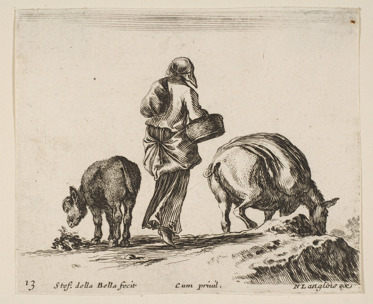 Tavle 13: en bondekone, set bagfra, med en kurv i midten, et æsel..., ca. 1644-47. af Stefano della Bella