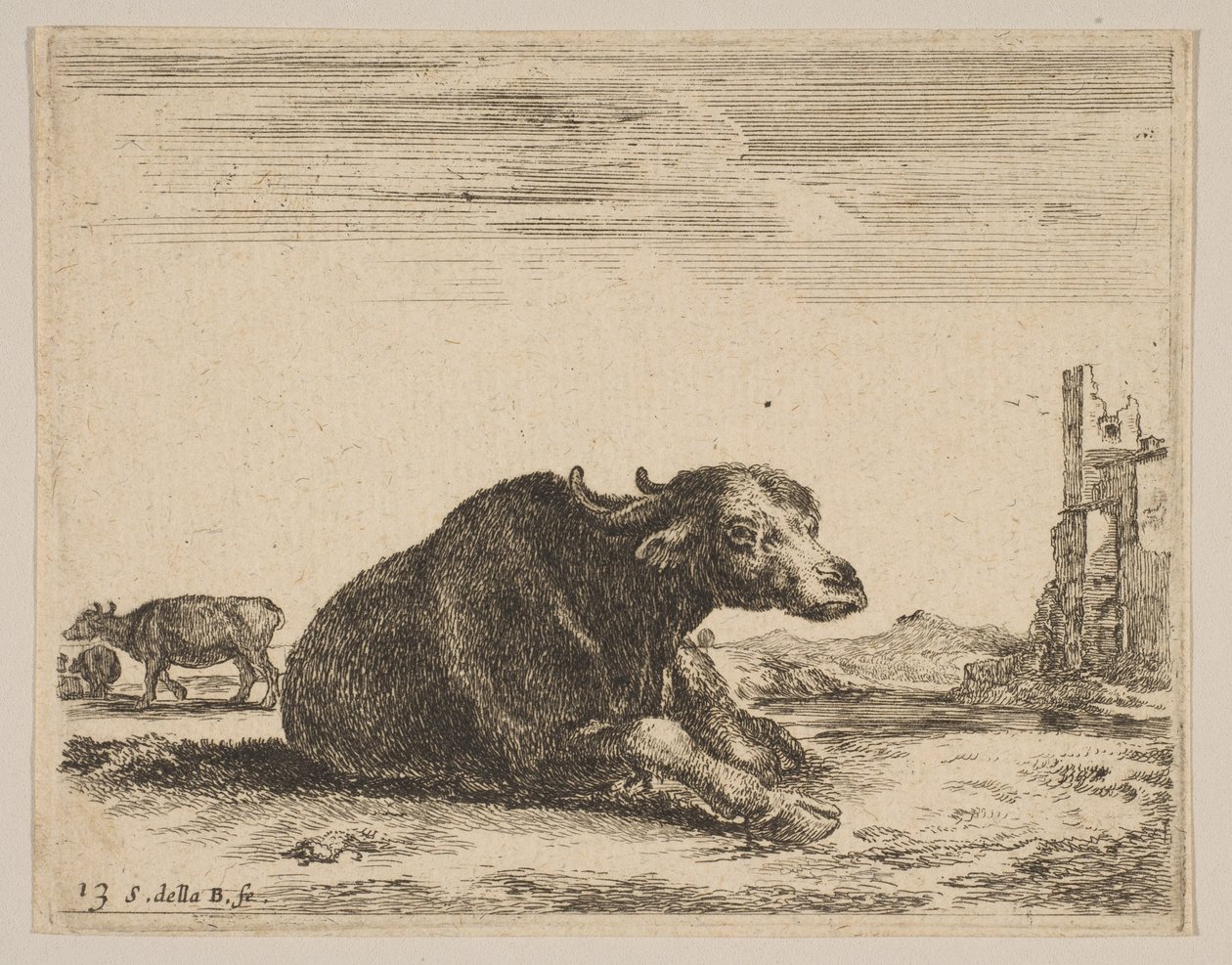 Plade 13: bøfler liggende, fra Diverse dyr Diversi animali, ca. 1641. af Stefano della Bella