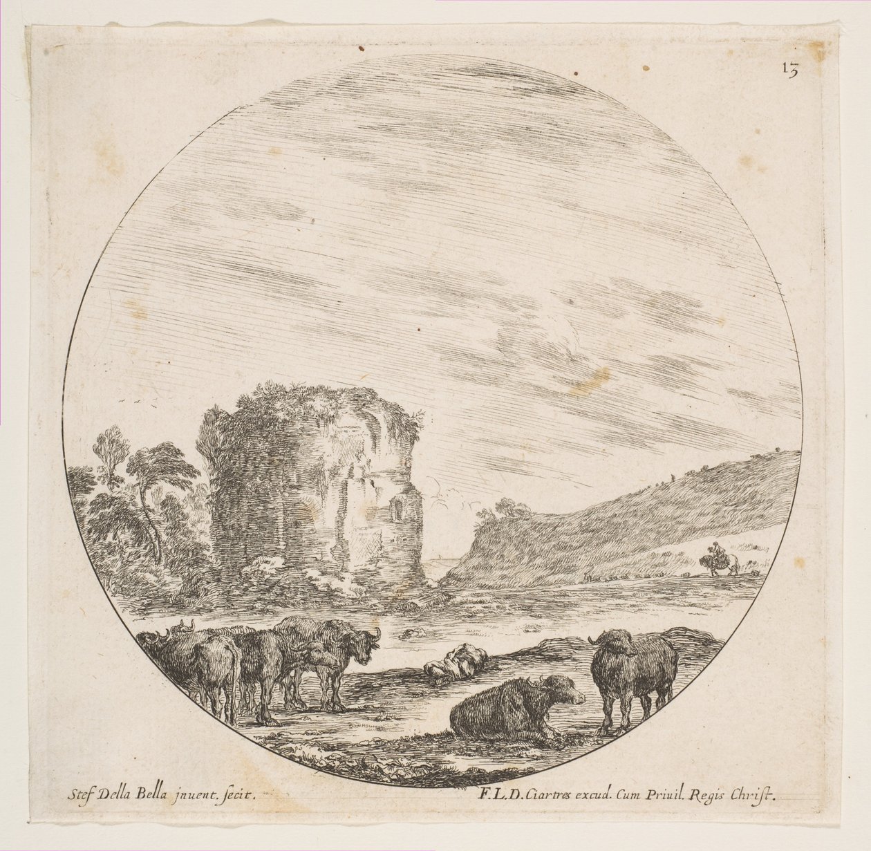 Plade 13: ruiner af et tempel i et romersk landskab, fra romerske landskaber og ruiner P..., ca. 1646. af Stefano della Bella