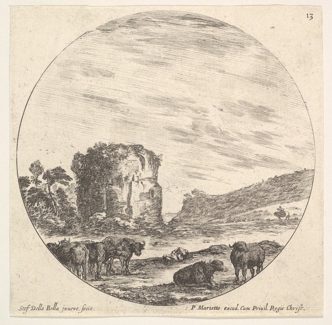 Plade 13: ruiner af et gammelt tempel i baggrunden, en flok køer i forgrunden..., ca. 1643-48. af Stefano della Bella