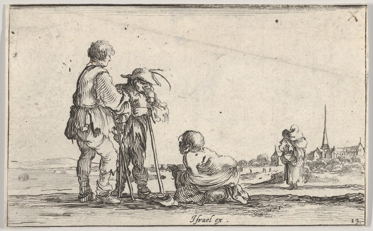 Plade 13: to bønder stående til venstre, en krøbling knælende på jorden i midten, en..., ca. 1642. af Stefano della Bella