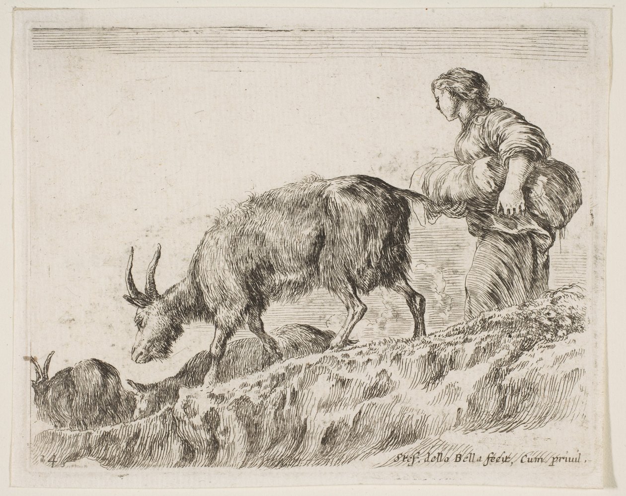 Tavle 14: hyrdinde, der hyr geder, fra Diverse dyr Diversi animali, ca. 1641. af Stefano della Bella