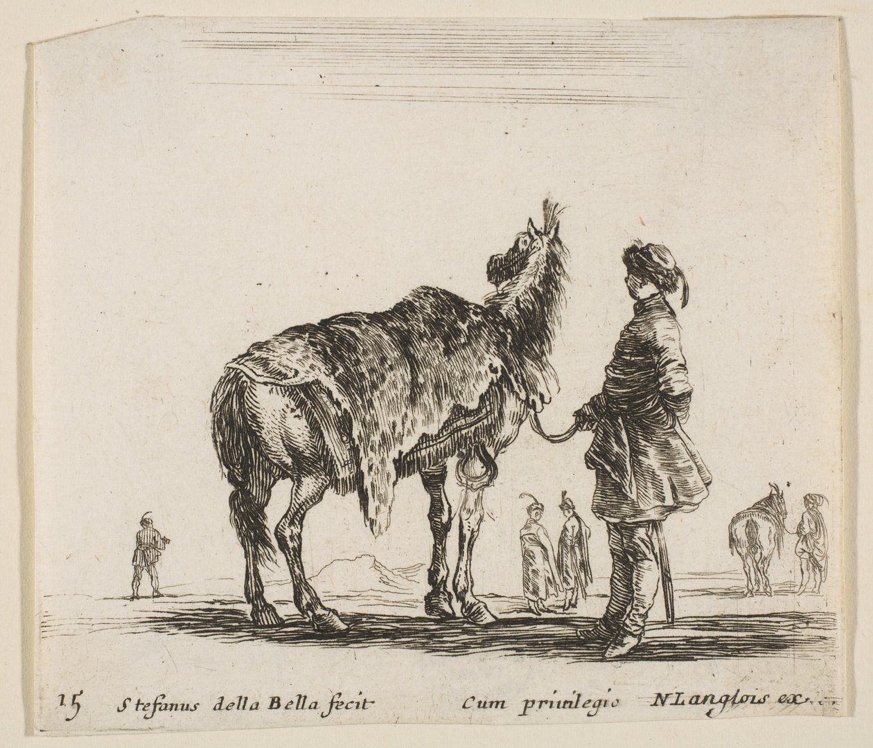Tavle 15: en polsk adelsmand, der vender væk, holder sin hest dækket af leopardskind..., ca. 1644-47. af Stefano della Bella