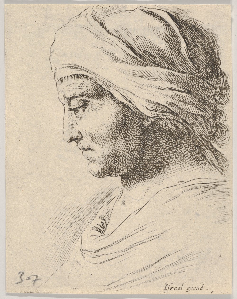 Plate 16: head of an old man in profile with a cloth tied around his head, from The B ..., ca. 1649. dani af Stefano della Bella
