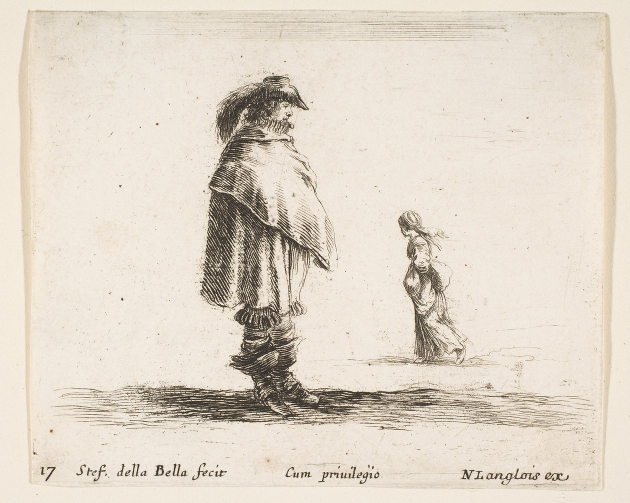 Plade 17: en mand iført en plymerhat i midten vendt mod højre, en kvinde går mod..., ca. 1644-47. af Stefano della Bella