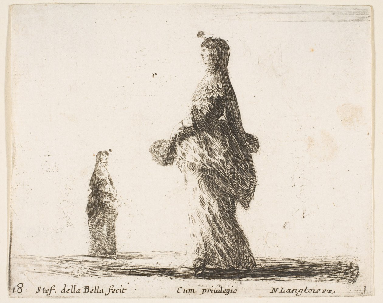 Plade 18: en adelig kvinde, der går mod venstre med en fjervifte, en anden kvinde..., ca. 1644-47. af Stefano della Bella