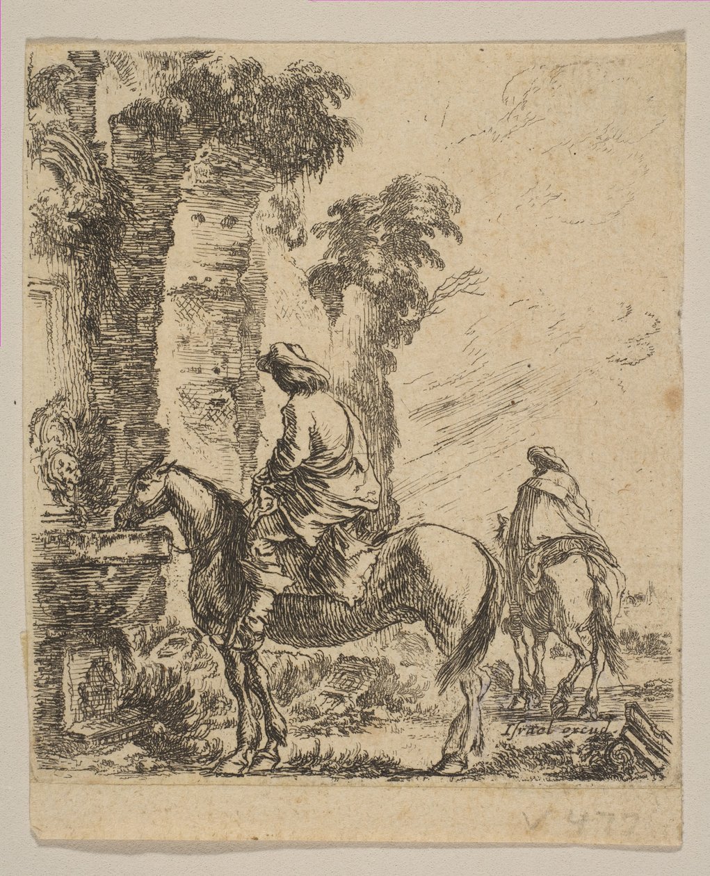 Plade 19: Landskab med en kavaler der vander sin hest ved et springvand, fra forskellige fi..., ca. 1646. af Stefano della Bella