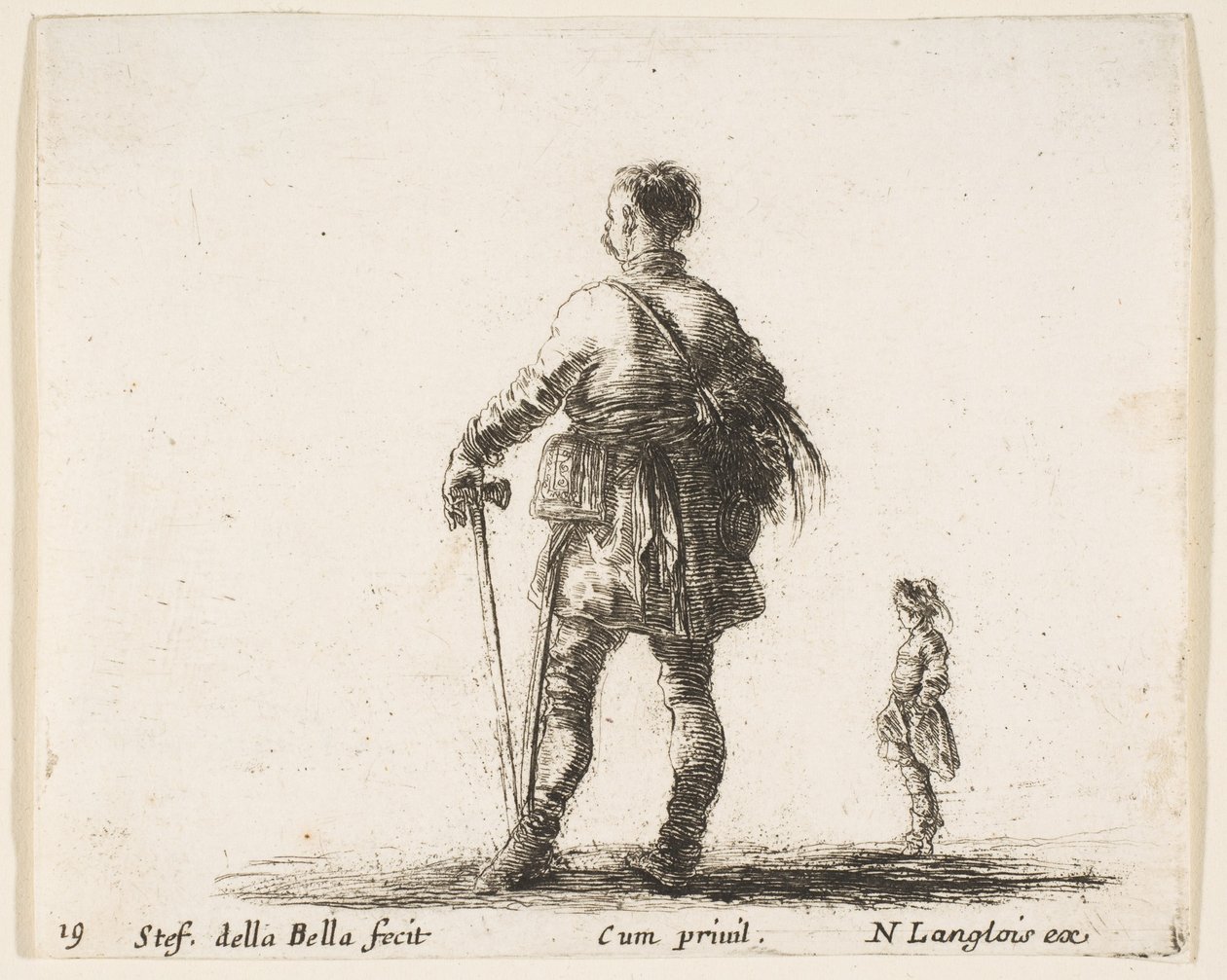 Tavle 19: en polsk adelsmand i hofdragt, stående i midten, set bagfra, en..., ca. 1644-47. af Stefano della Bella