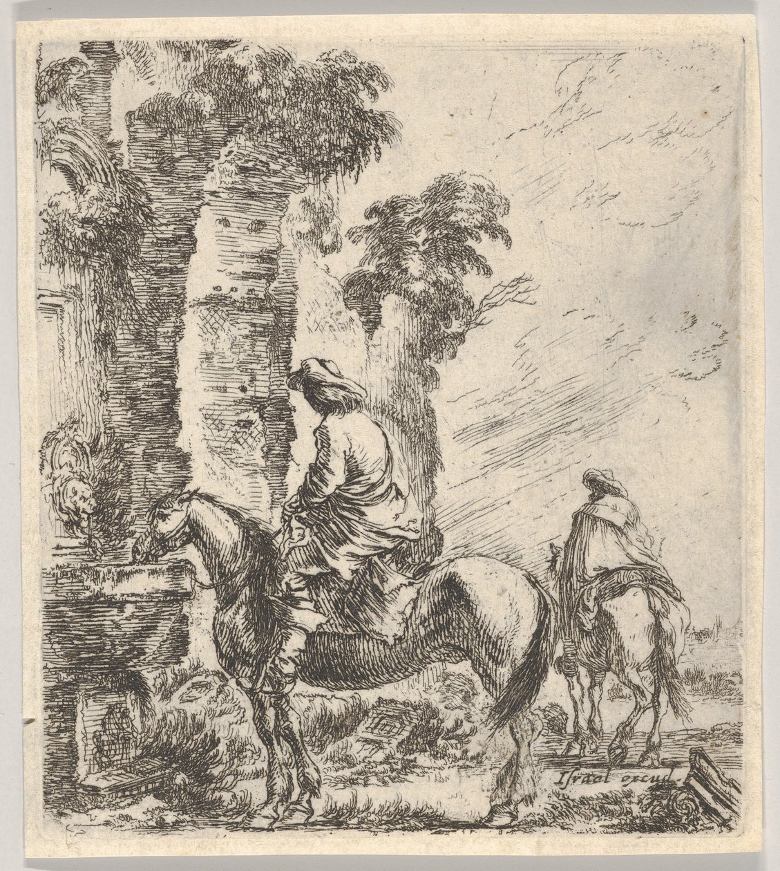 Plade 19: en rytter, der får sin hest til at drikke fra et bassin med et springvand til venstre, en anden h..., ca. 1646. af Stefano della Bella