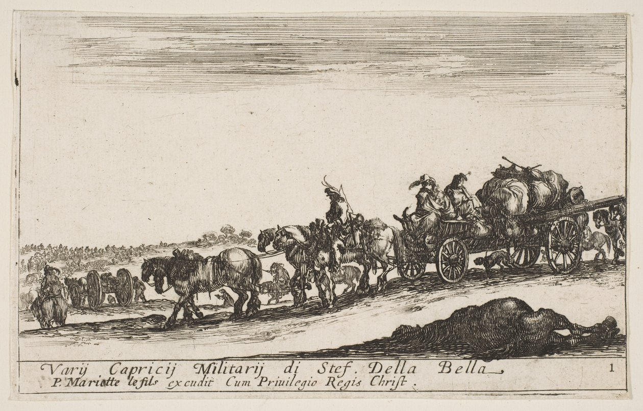 Plade 1: En hestevogn med mennesker og varer, død hest i forgrunden, f..., ca. 1641. af Stefano della Bella
