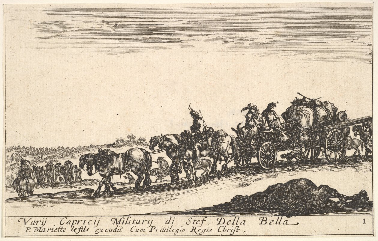 Plate 1: A horse drawn cart carrying people and goods, dead horse in the foreground, f ..., ca. 1641. dani af Stefano della Bella