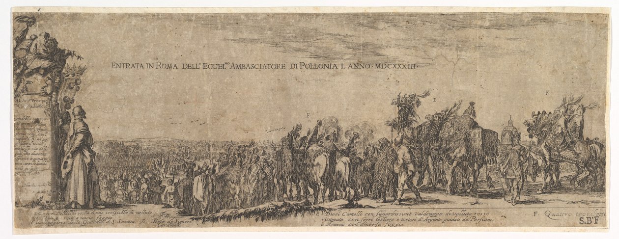 Plade 1: Den polske ambassadørs indtog i Rom, Medici-våbenskjoldet til venstre, 1633. af Stefano della Bella