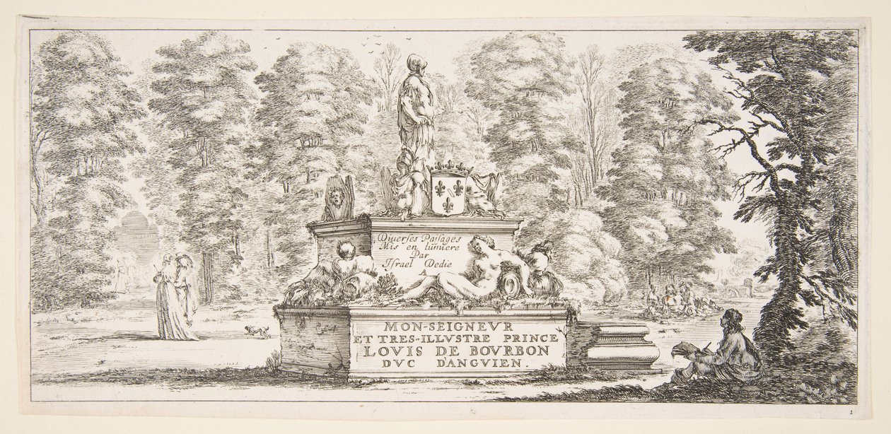 Plade 1: et monument med statuer og et våbenskjold i midten, en tegner på..., ca. 1643. af Stefano della Bella