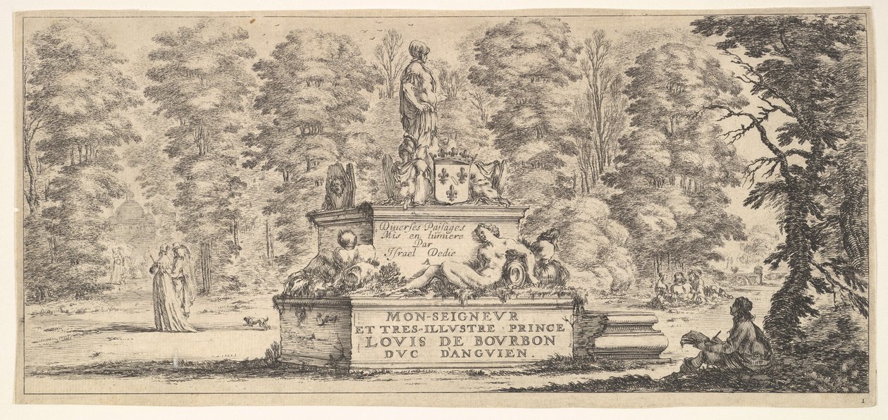 Plade 1: et monument med statuer og et våbenskjold i midten, en tegner på..., ca. 1641. af Stefano della Bella