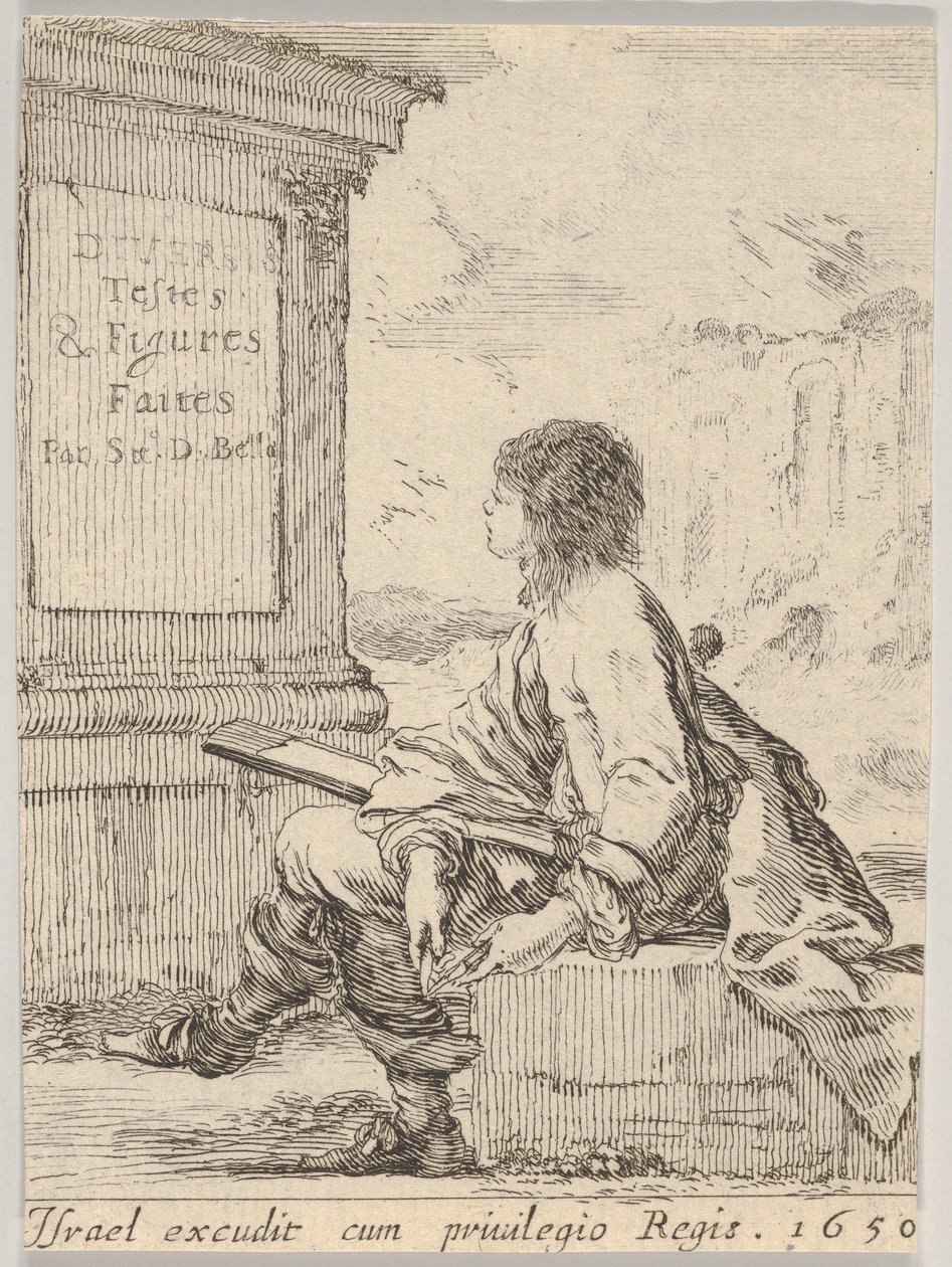 Plade 1: en ung mand, der sidder på en sten, vendt mod venstre i profil, og holder en tegneblok i ..., 1650. af Stefano della Bella