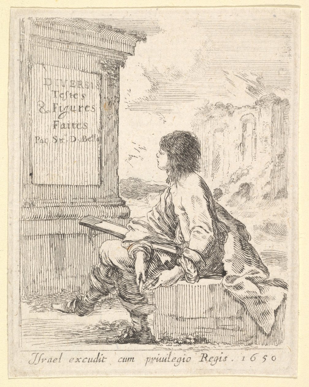 Plade 1: en ung mand, der sidder på en sten, vendt mod venstre i profil, og holder en tegneblok i ..., 1650. af Stefano della Bella
