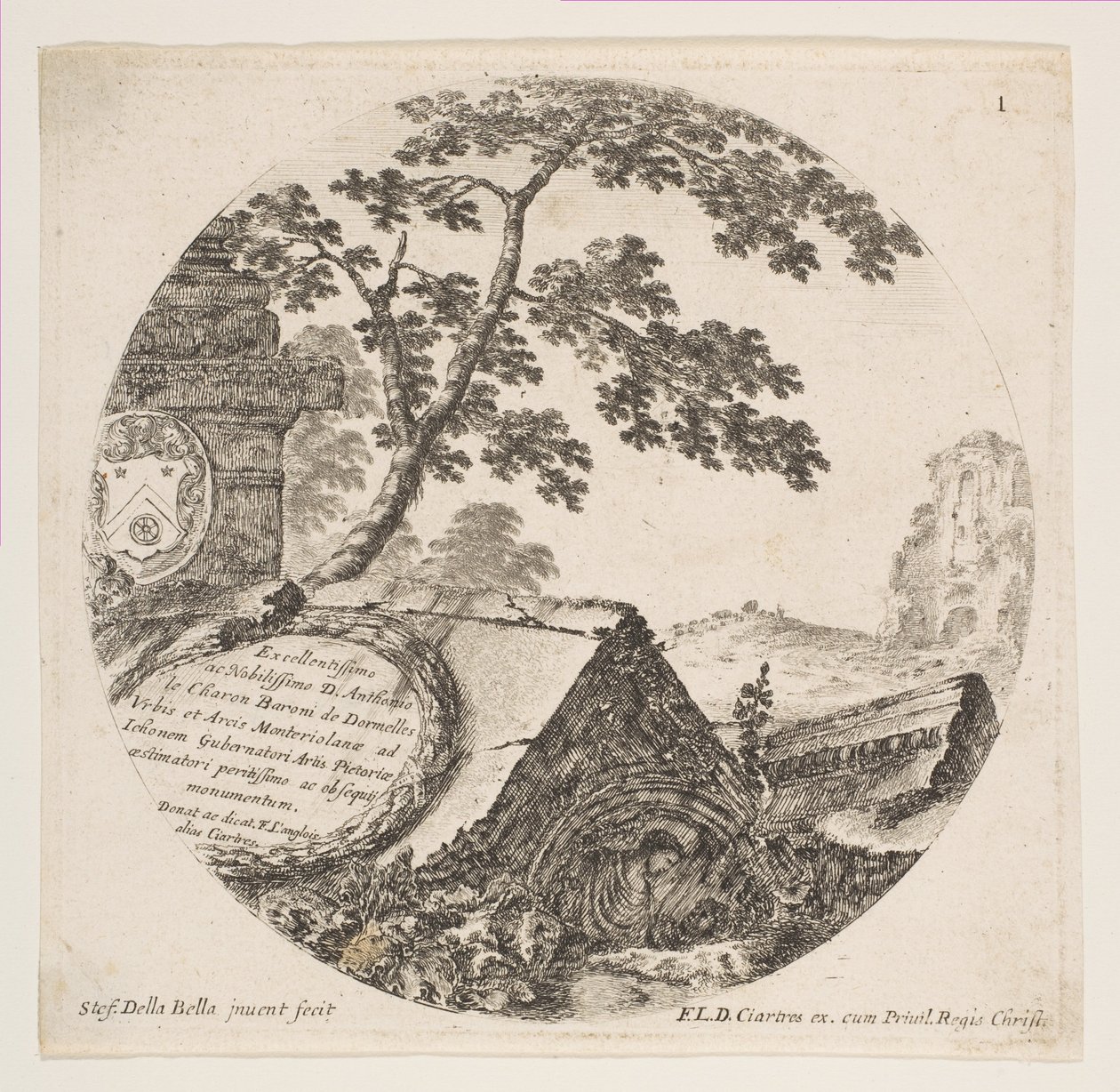 Plade 1: fragmenter fra oldtidsminder, fra romerske landskaber og ruiner Paysages..., ca. 1646. af Stefano della Bella