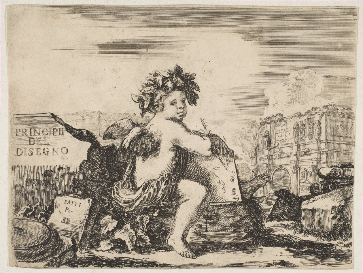 Plade 1: det geniale ved at tegne, et barn med vinger, siddende på en klippe i midten..., ca. 1641-43. af Stefano della Bella