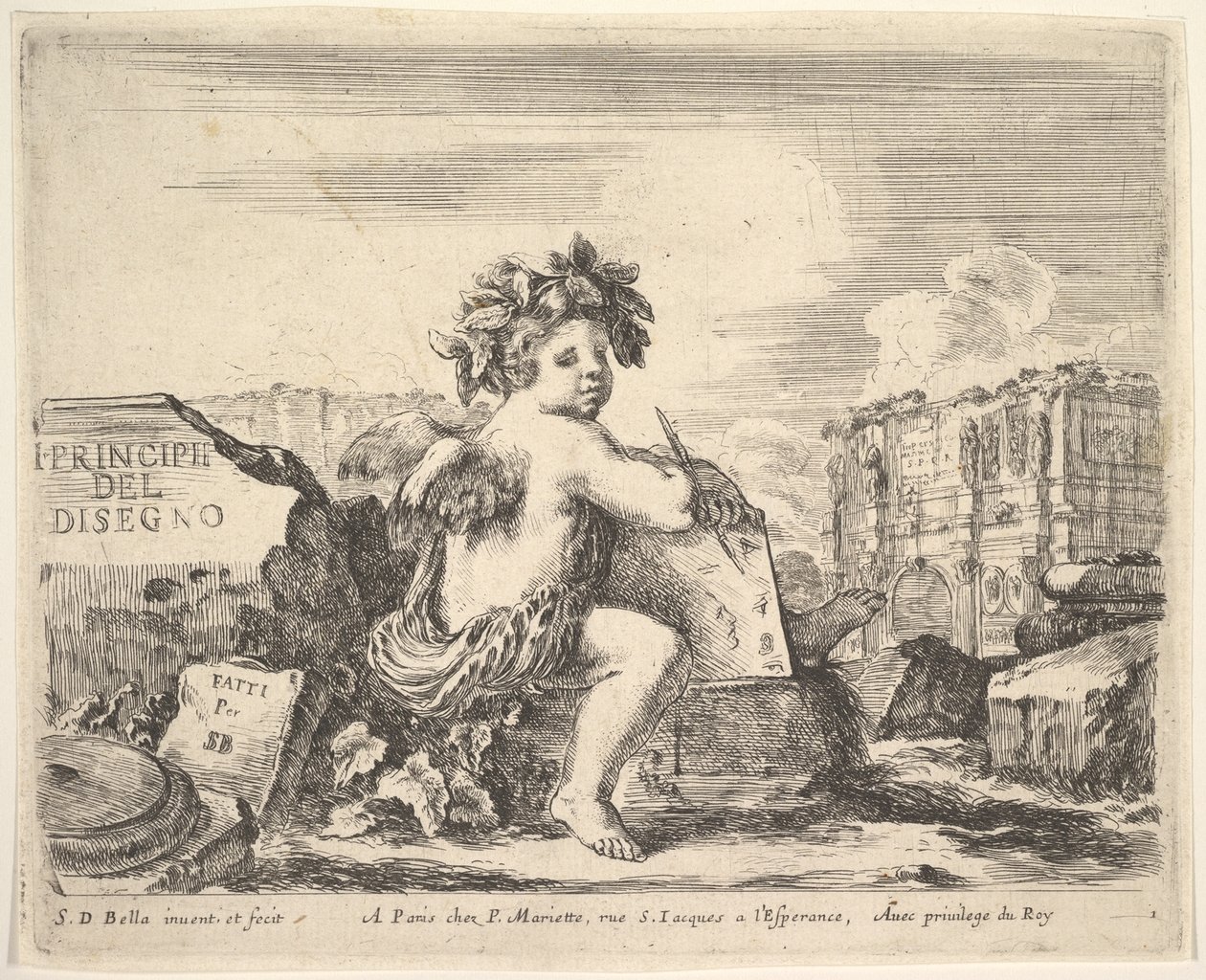 Plade 1: det geniale ved at tegne, et barn med vinger, siddende på en sten i midten drejet ..., ca. 1641. af Stefano della Bella