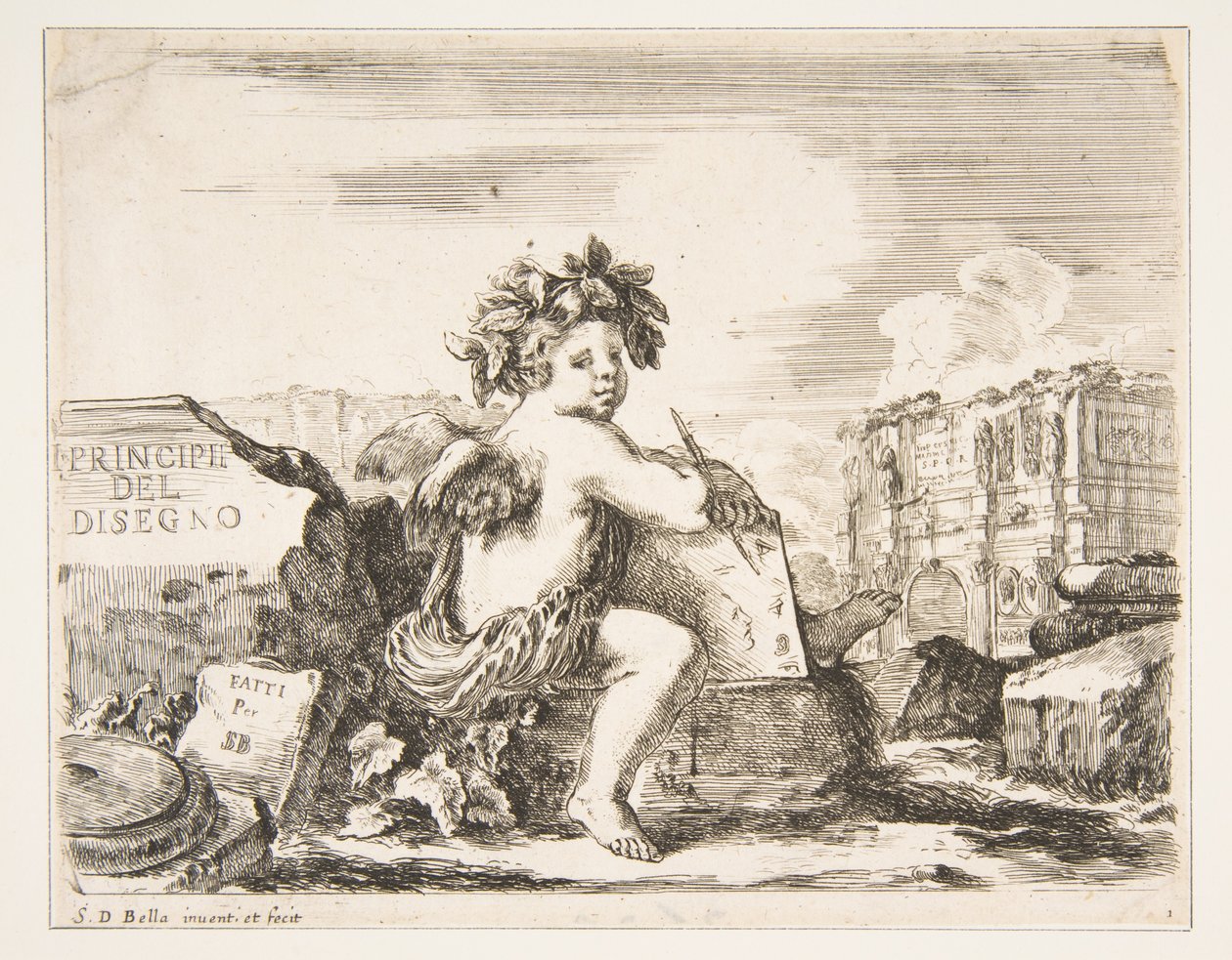 Plade 1: det geniale ved at tegne, et barn med vinger, siddende på en klippe i midten..., ca. 1641-43. af Stefano della Bella