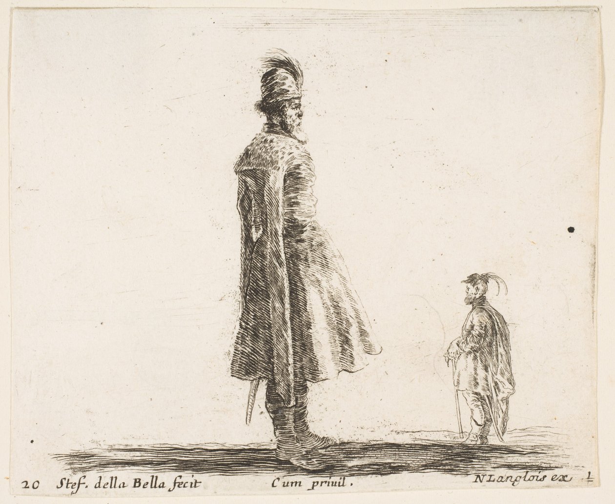 Tavle 20: en gammel polsk adelsmand iført en plymerhat i midten, stående i profil..., ca. 1644-47. af Stefano della Bella