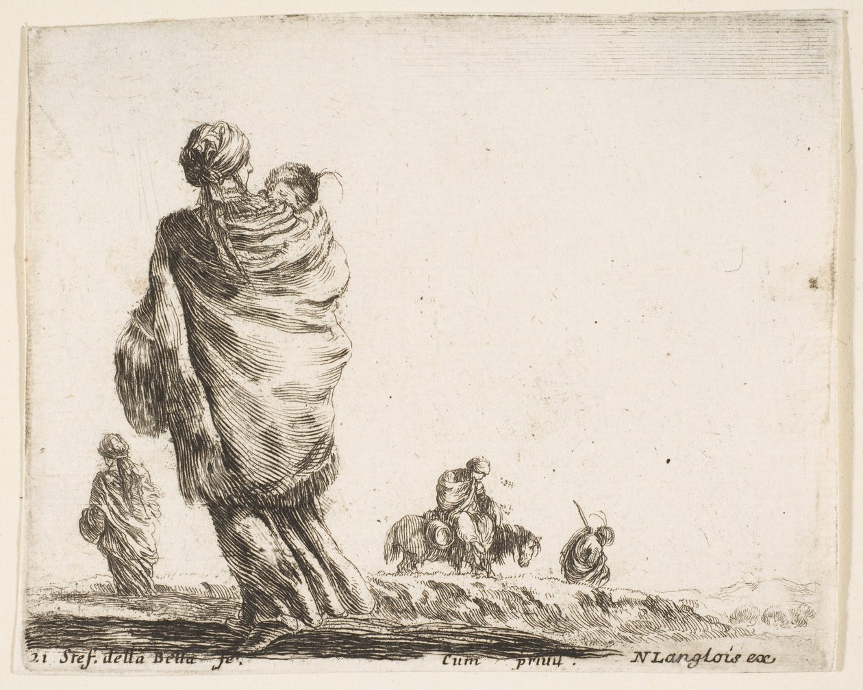 Tavle 21: en fattig kvinde til venstre, set bagfra, indhyllende sit barn i et sjal..., ca. 1644-47. af Stefano della Bella