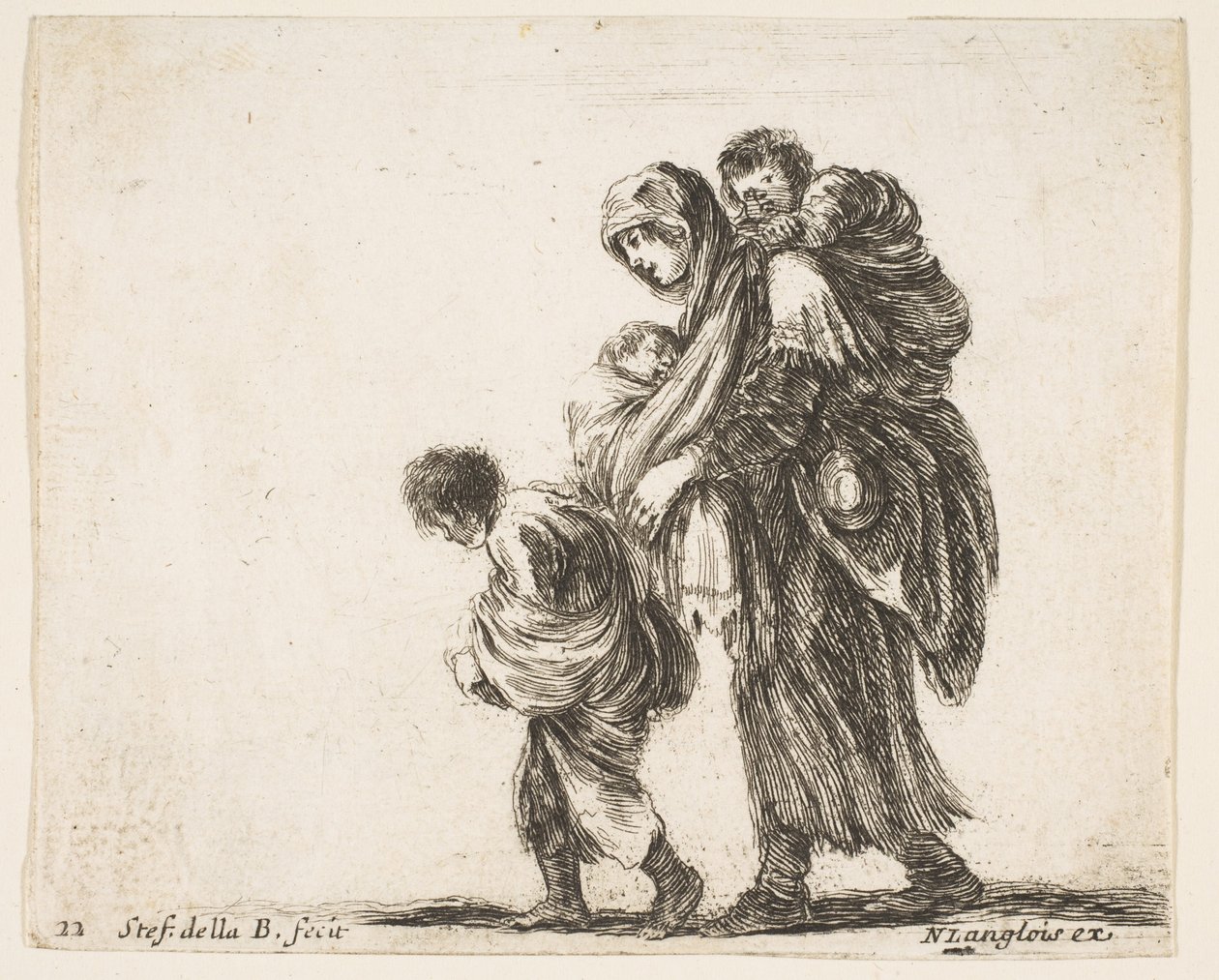 Tavle 22: en tiggerkvinde med tre børn, et barn på skuldrene, et barn..., ca. 1644-47. af Stefano della Bella