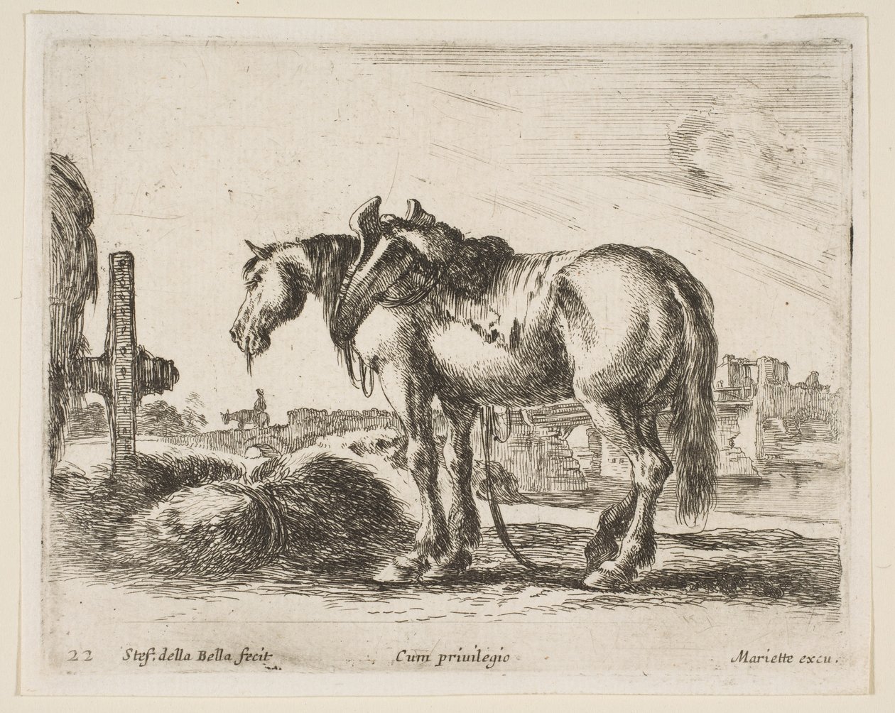 Tavle 22: vognhest, fra Diverse dyr Diversi animali, ca. 1641. af Stefano della Bella