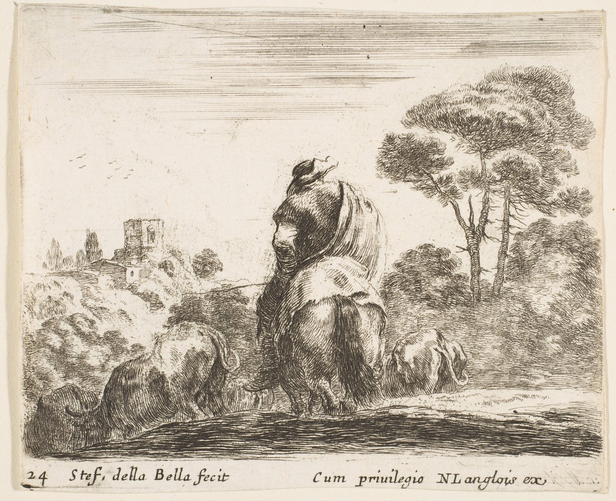 Plade 24: hyrde på toppen af en hest, set bagfra, fører sit kvæg ned ad en bakke, en ..., ca. 1644-47. af Stefano della Bella