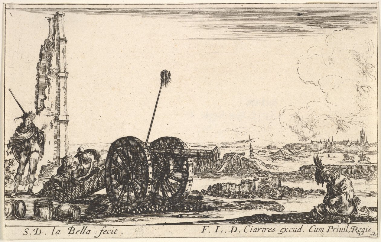 Plade 2: En kanon til venstre, en by i baggrunden, fra Various Military Capric..., ca. 1641. af Stefano della Bella