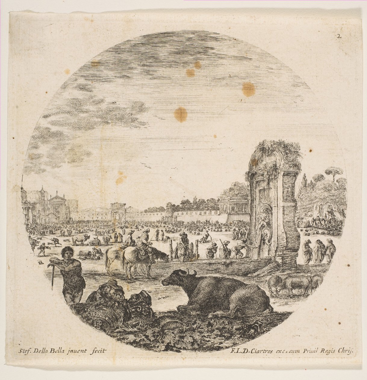Plade 2: Campo Vaccino, en bøffel og to hyrder i midten, Fontanone til højre ..., ca. 1646. af Stefano della Bella