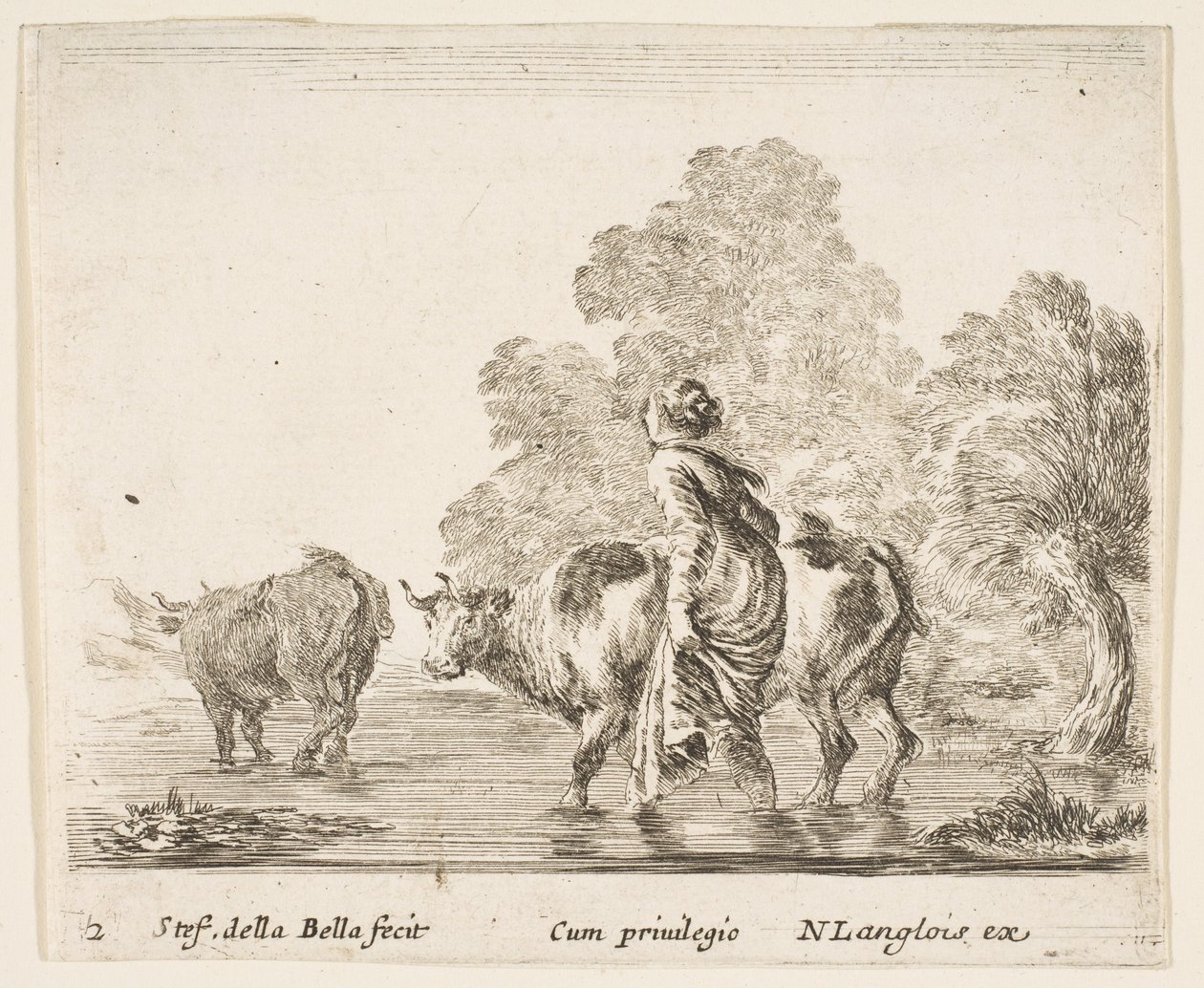 Tavle 2: en bondekone hyrder to køer over et vandløb, går mod venstre..., ca. 1644-47. af Stefano della Bella