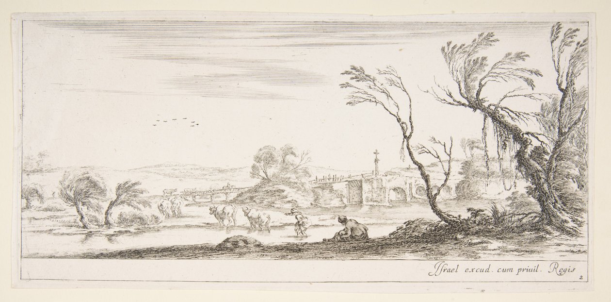 Plade 2: en bondekone, der fjerner sine sko i midten, en anden bondekone og to c..., ca. 1641. af Stefano della Bella