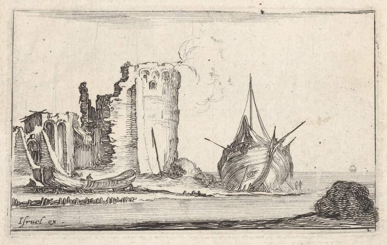 Plade 2: et skib til højre og en robåd til venstre, skyllet op på land, et tårn i ruiner b..., ca. 1642. af Stefano della Bella