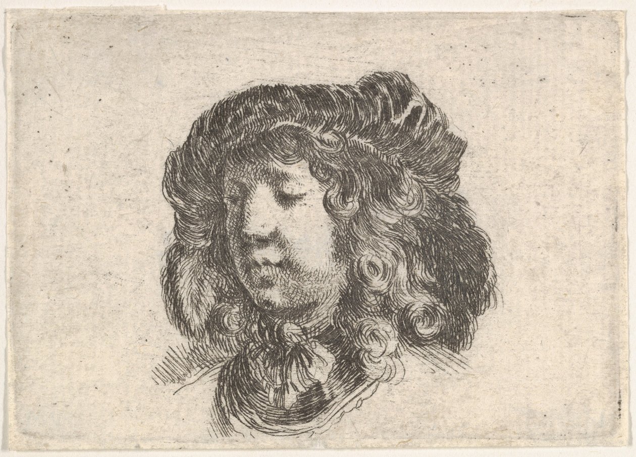 Tavle 34: hovedet af en ung mand i en kasket prydet med et par fjer, drejet tre-kvart..., ca. 1646. af Stefano della Bella
