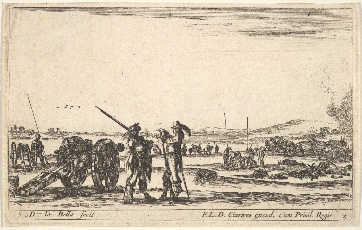 Plade 3: En officer giver ordre til en soldat i midten af forgrunden, kanon til venstre, af..., ca. 1641. af Stefano della Bella